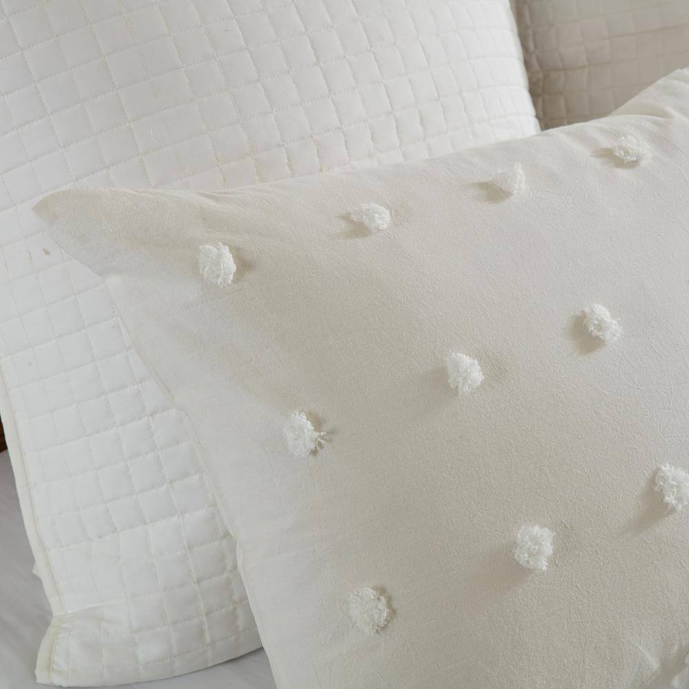 Ivory Cotton Jacquard King Comforter Set with Pom Pom Pillows