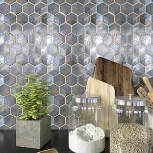 Aurora Gray 10.32 in. x 11.82 Hexagon Glossy Glass Mosaic Tile Sample