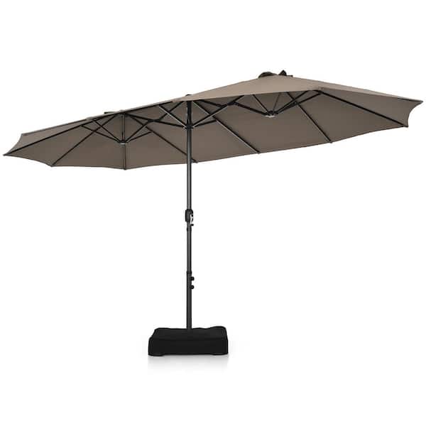Costway 15 ft. Steel Market Double-Sided Twin Patio Umbrella Sun Shade Outdoor in Brown