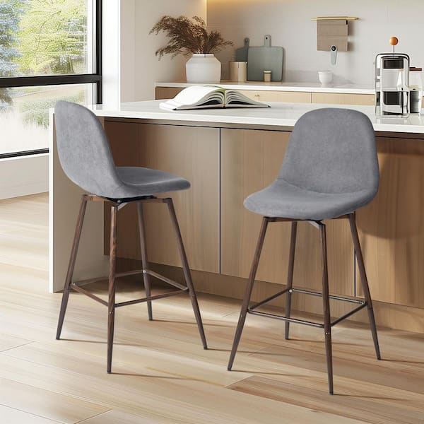 Charlton Stone Grey Fabric 26 in. Counter Height Swivel Bar Stool with Walnut Metal Legs and Curved Seat (Set of 2)