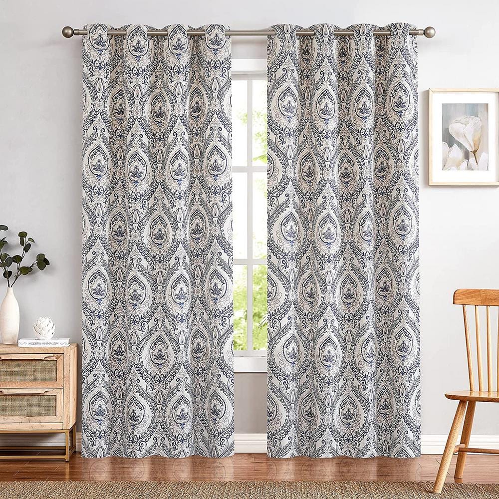 Blue Vintage Polyester Light Filtering Curtains - 50 in. W x 90 in. L (2-Pa