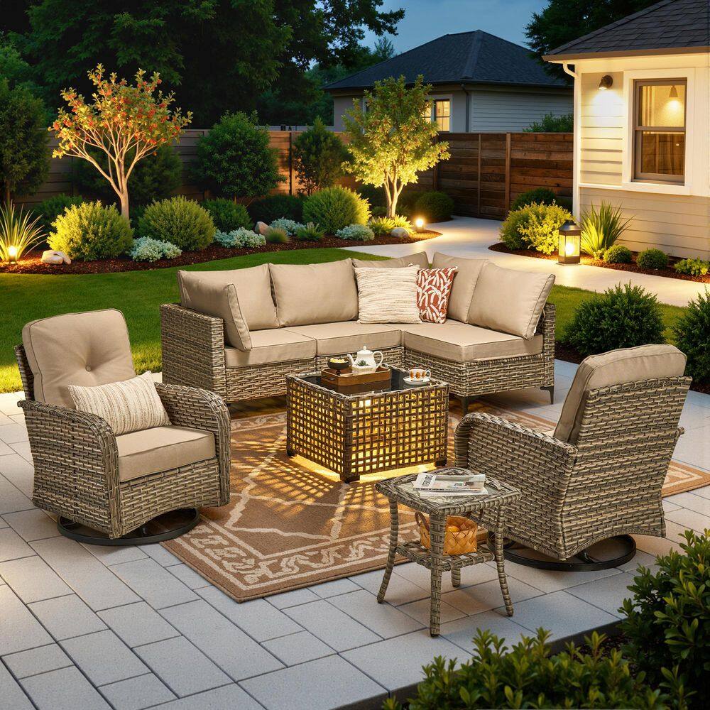 Reno 8-Piece Wicker All-Weather Outdoor Patio Conversation Sectional Set with Swivel Chairs and Beige Cushions price history on PriceWatchPro