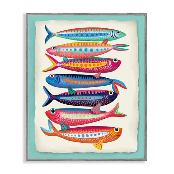 Stupell Industries Multi Hued Sardines by Darlene Seale Gray Framed Coastal Giclee Art Print 20 in. x 16 in.
