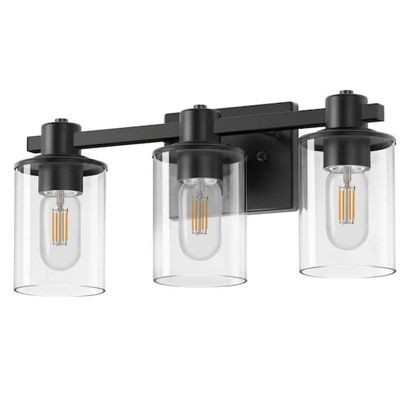 Briignite 20 in. 3-Light Matte Black Clear Glass Cylinder Vanity Light with Dimmable for Bathroom No Bulbs Included