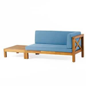 Elisha Teak 2-Piece Wood Right-Armed Patio Conversation Set with Blue Cushions