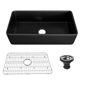 Fireclay 36 in. Single Bowl Farmhouse Apron Kitchen Sink with Grid and Strainers in Matte Black With cUPC Certified
