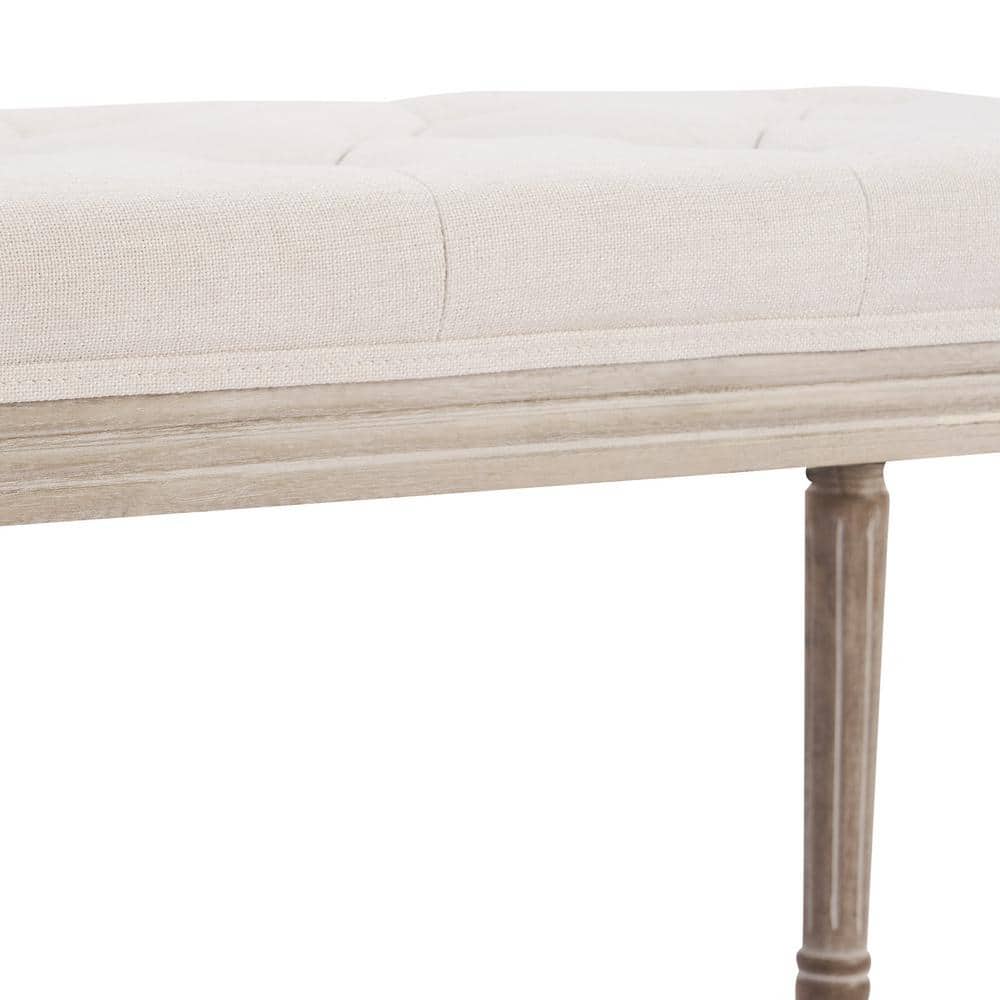 Beige French Vintage Upholstered Bench with Carved Wood Frame