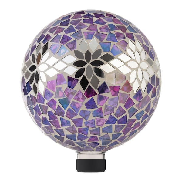 10 in. Diameter Indoor/Outdoor Glass Mosaic Gazing Globe Yard Decoration, Purple Mosaic Flower Design