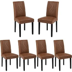 Upholstered Dining Chairs Set of 6 Brown Modern PU Leather and Solid Wood Legs and High Back Dining Room Chairs