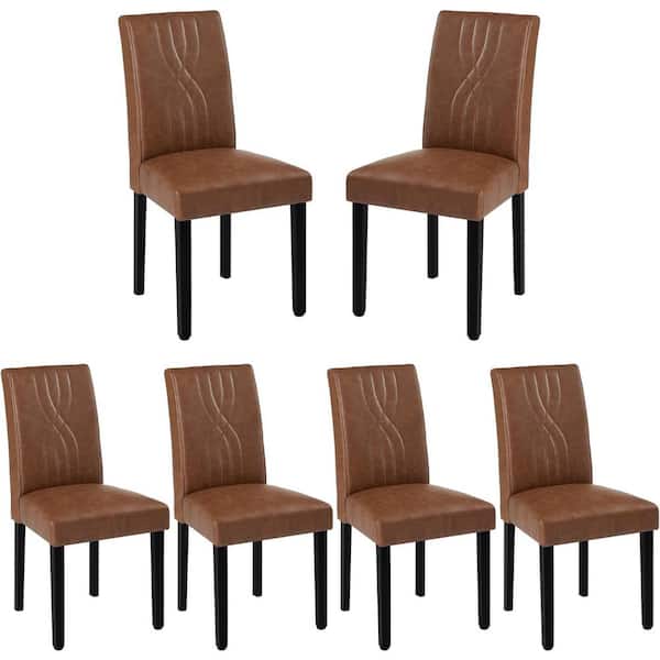 VECELO Upholstered Dining Chairs Set of 6 Brown Modern PU Leather and Solid Wood Legs and High Back Dining Room Chairs
