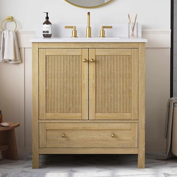 Tyler 31 in. Single Sink Freestanding Light Oak Bath Vanity with White Quartz Top and Backsplash Assembled