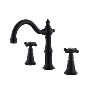 8 in. Widespread Double Handle Bathroom Faucet with Rotating Spout 3 Hole Brass Bathroom Vanity Mixer Tap in Matte Black