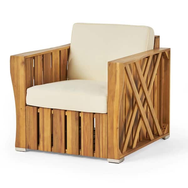 Noble House Manhattan 1-Piece Natural Wood Outdoor Patio Lounge Chair with Cream Cushion