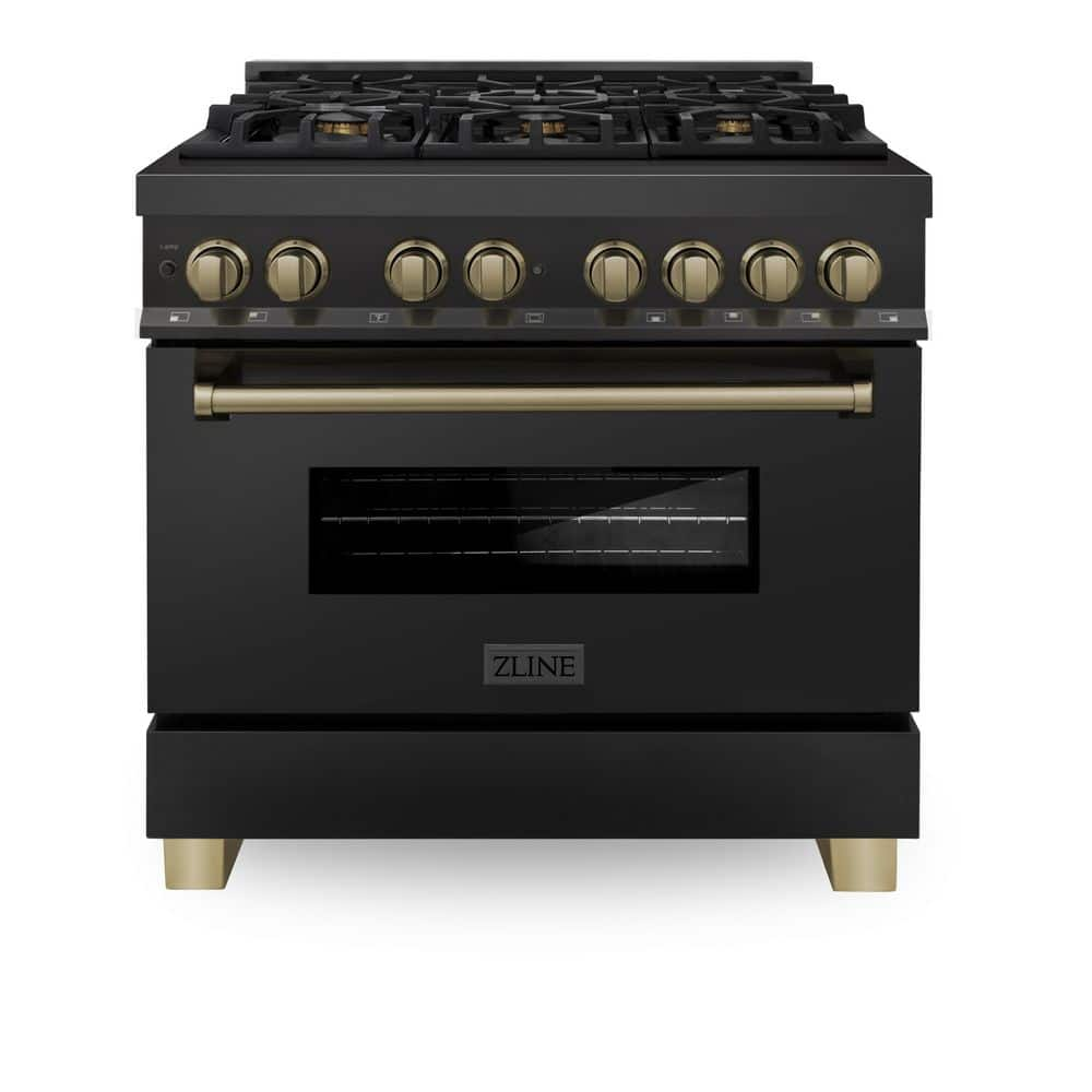 ZLINE Kitchen and Bath Autograph Edition 36 in. 6 Burner Dual Fuel Range in Black Stainless Steel and Champagne Bronze