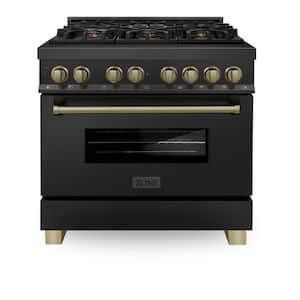 Autograph Edition 36 in. 6 Burner Dual Fuel Range in Black Stainless Steel and Champagne Bronze