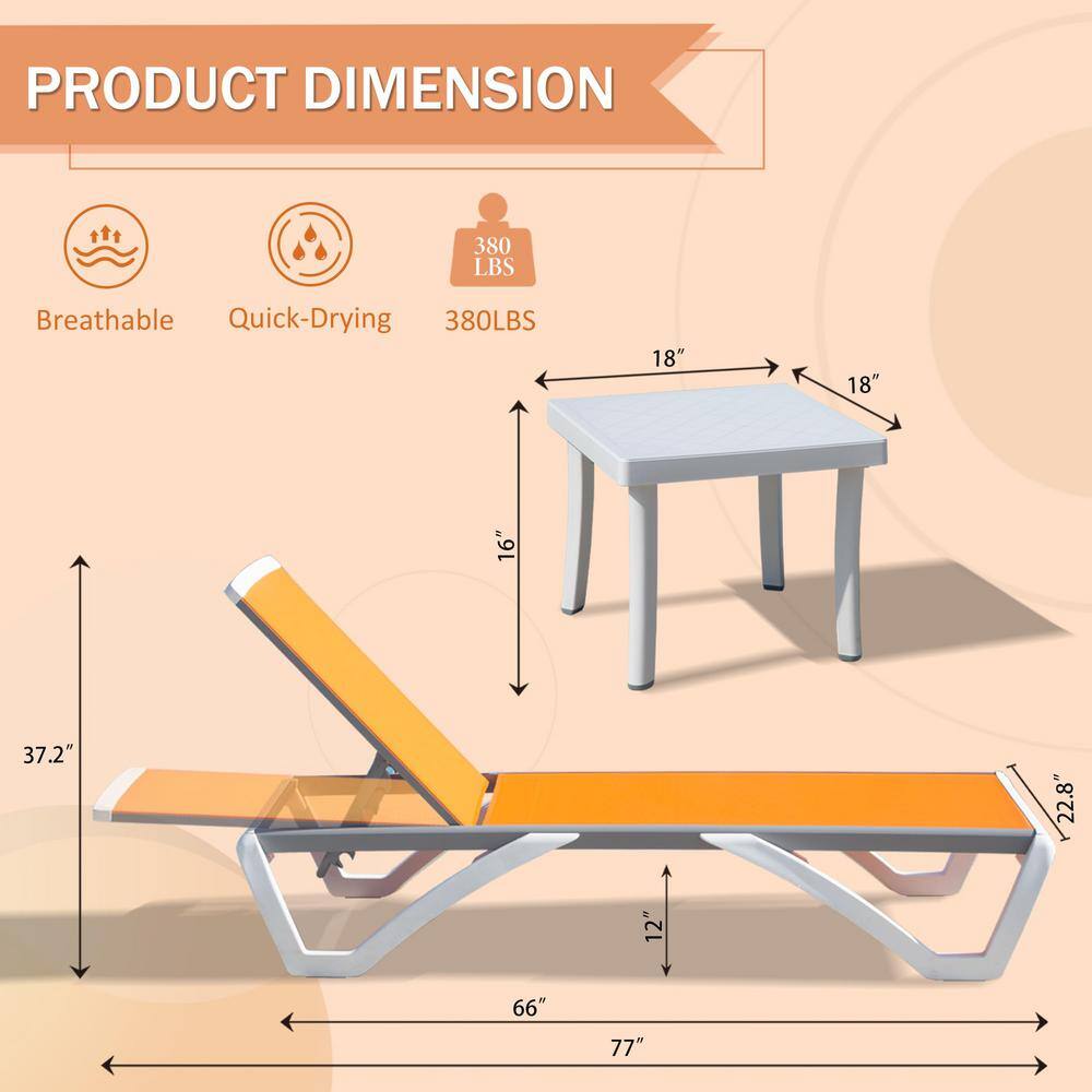 3-Piece White and Orange Adjustable Outdoor Lounge Chair Set