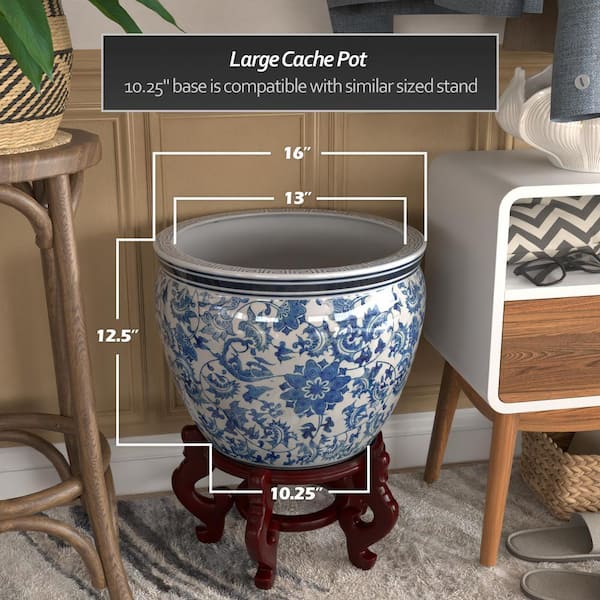 Red Lantern 16 in. Floral Blue and White Porcelain Fishbowl BW