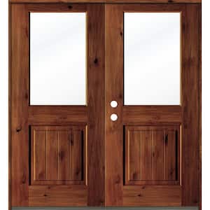 64 in. x 80 in. Rustic Knotty Alder Wood Clear Half-Lite Red Chestnut Stain/VG Right Active Double Prehung Front Door