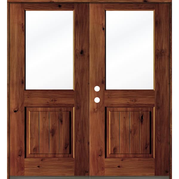 Krosswood Doors 64 in. x 80 in. Rustic Knotty Alder Wood Clear Half-Lite Red Chestnut Stain/VG Right Active Double Prehung Front Door