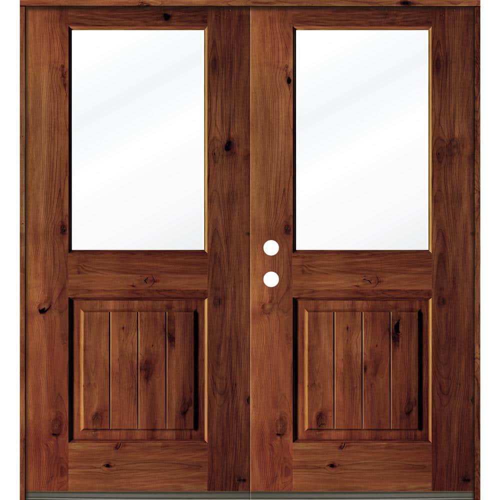 72 in. x 80 in. Rustic Knotty Alder Wood Clear Half-Lite Red Chestnut Stain/VG Right Active Double Prehung Front Door price history on PriceWatchPro