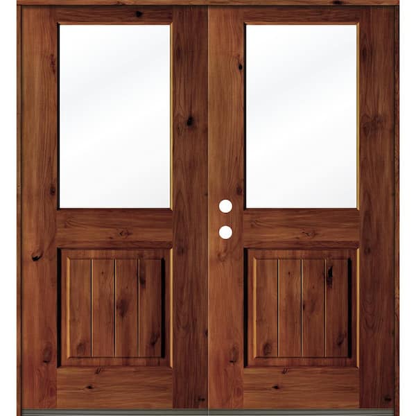 Krosswood Doors 72 in. x 80 in. Rustic Knotty Alder Wood Clear Half-Lite Red Chestnut Stain/VG Right Active Double Prehung Front Door