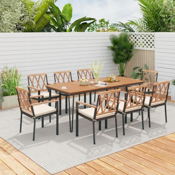 9-Piece Metal Rectangle Outdoor Dining Set with Umbrella Hole and Off White Cushions