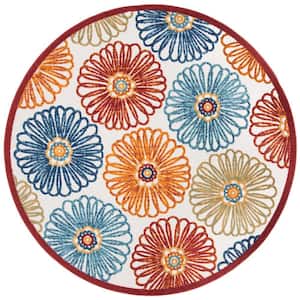Cabana Cream/Red 7 ft. x 7 ft. Border Floral Indoor/Outdoor Patio  Round Area Rug