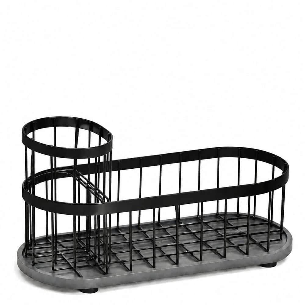 Black Stainless Steel Sink Caddy Kitchen Sink Organizer with 3 Compartments and Quick Dry Mat