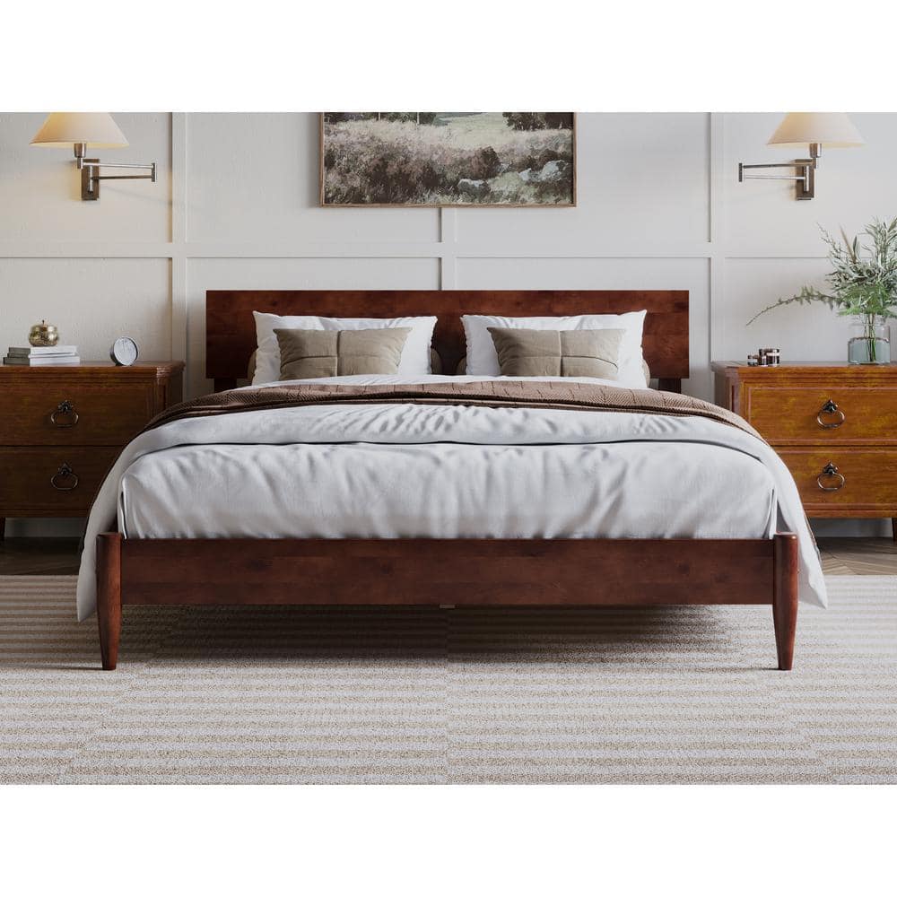 Aria Queen Walnut Wood Low Profile Platform Bed with Headboard