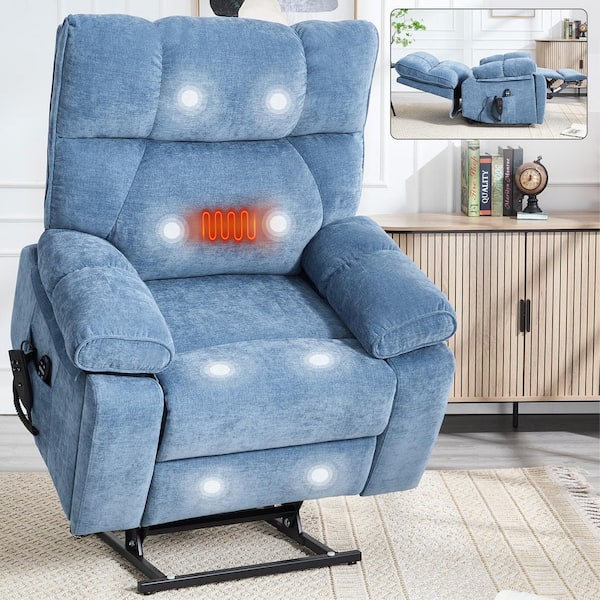 Blue Heat Massage Dual Motor Infinite Position Up to 350 LBS Large Chenille Power Lift Recliners with Hidden Cup Holders