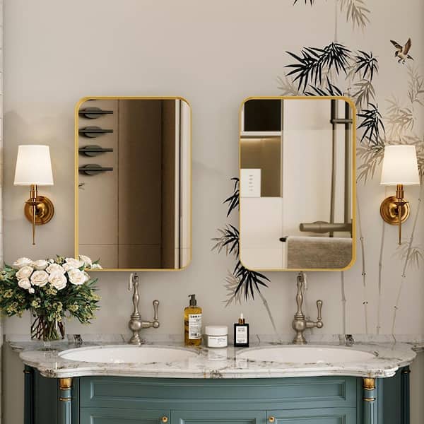 15.74 in. W x 23.60 in. H Rectangular Metal Medicine Cabinet with Mirror, Wall Cabinet with Adjustable Shelves, Gold