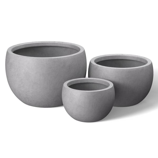 11.5 in. 15 in. 19 in. Light Stone Gray Concrete Round Planter / Pot with Drainage Holes (Set of 3)