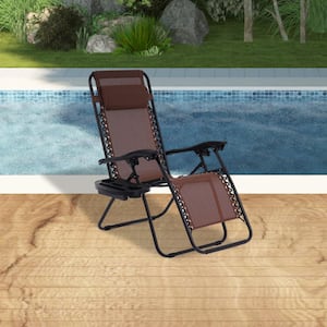 Outdoor Steel Frame Textilene Zero Gravity Folding Reclining Lounge Chair with Pillow Headrest (Set of 2) in Brown