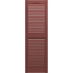 14-1/2 in. x 50 in. Lifetime Vinyl Custom Cathedral Top Center Mullion Open Louvered Shutters Pair Burgundy Red