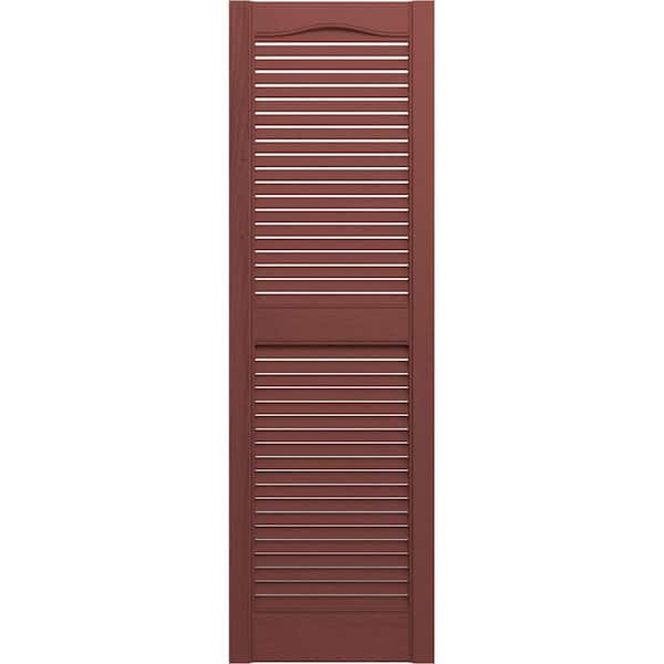 Ekena Millwork 14-1/2 in. x 55 in. Lifetime Vinyl Standard Cathedral Top Center Mullion Open Louvered Shutters Pair Burgundy Red