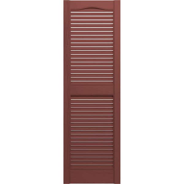 Ekena Millwork 14-1/2 in. x 67 in. Lifetime Vinyl Standard Cathedral Top Center Mullion Open Louvered Shutters Pair Burgundy Red
