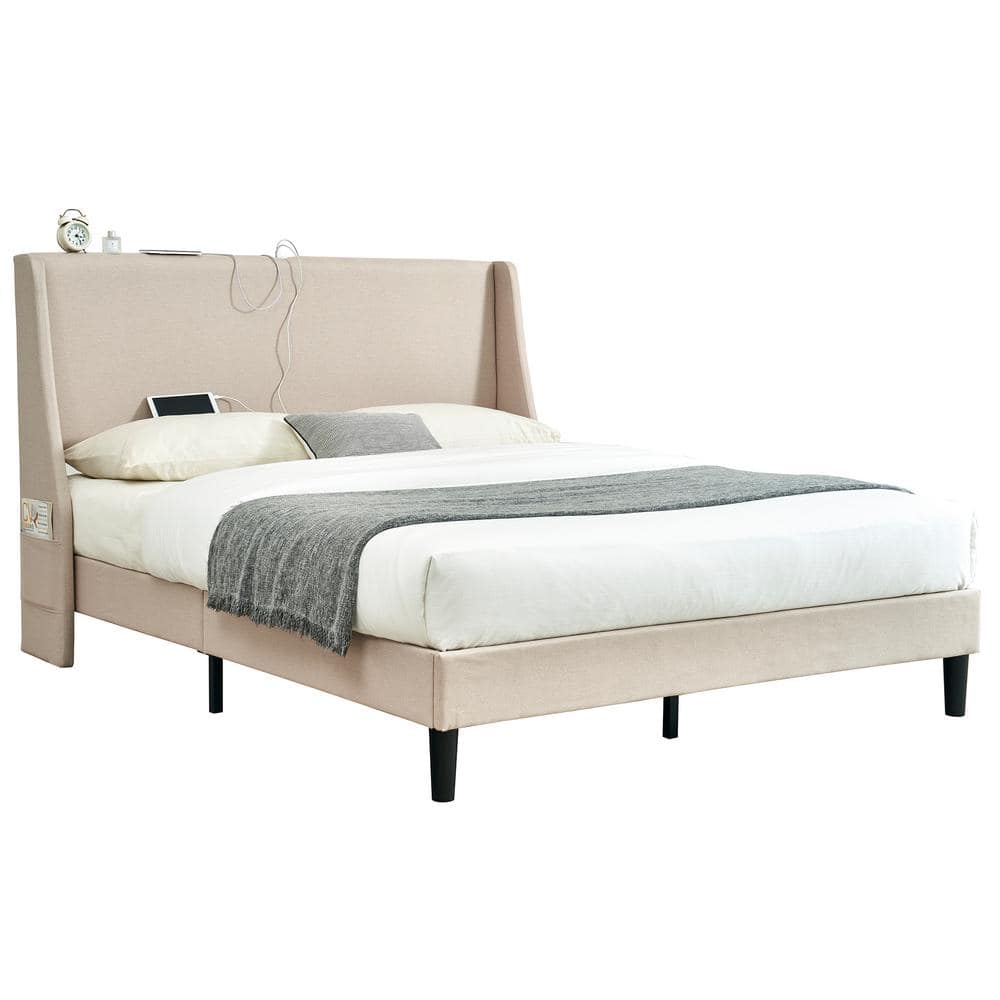 Upholstered Bed Frame with Headboard and Wingback, Beige Queen Size Bed Frame, Platform Bed with USB, and Type-C Ports - thumbnail 2