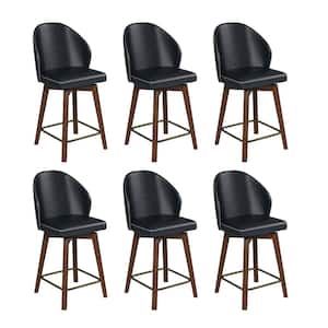 Lothar Mid-Century Modern Leather Swivel Stool Set of 6 with Solid Wood Legs-NAVY