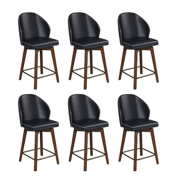 JAYDEN CREATION Lothar Mid-Century Modern Leather Swivel Stool Set of 6 with Solid Wood Legs-NAVY