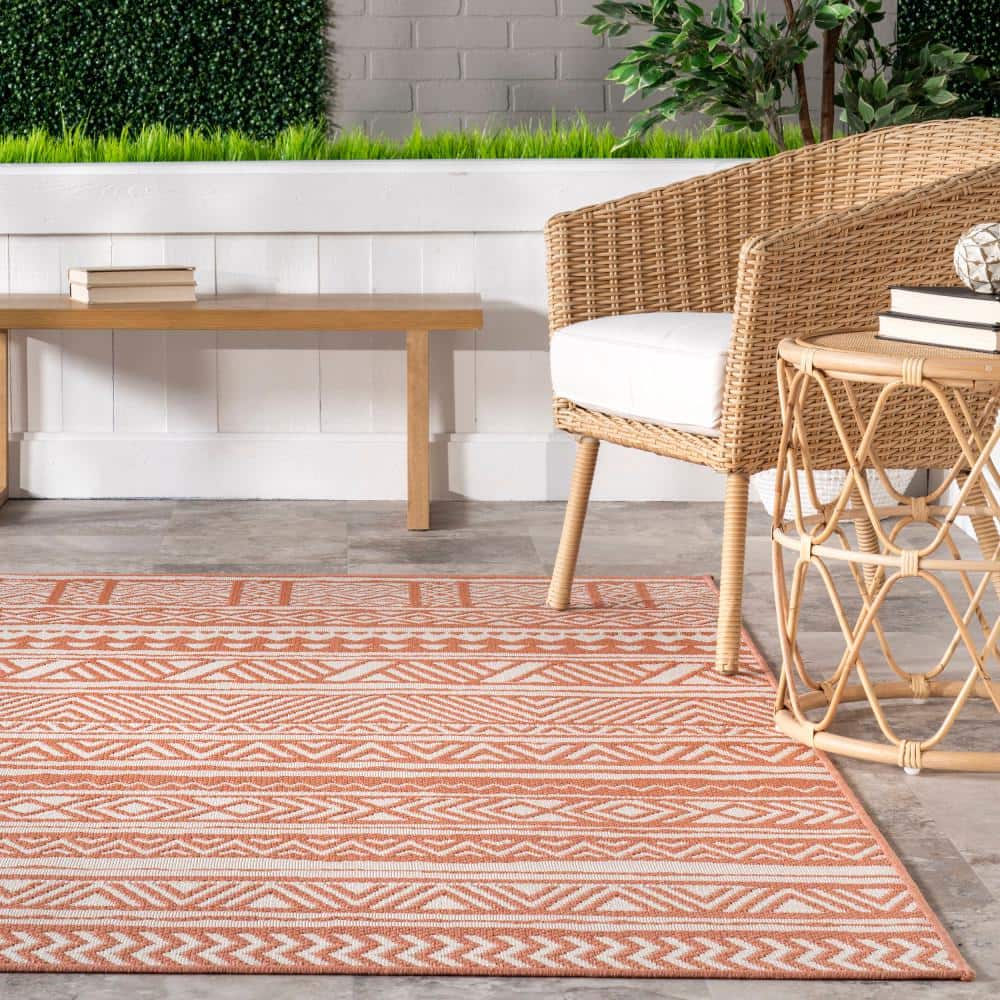Coral and White Synthetic Rectangular Indoor/Outdoor Area Rug