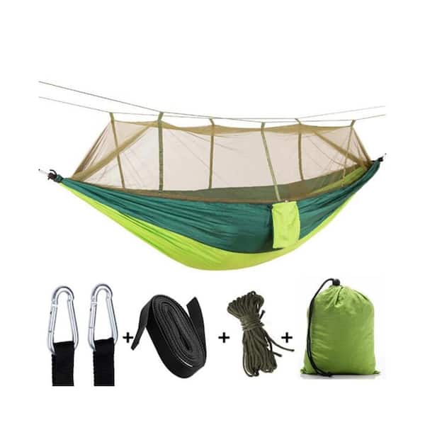 ITOPFOX 8.5 ft. Outdoor Portable Nylon Camping Hammock Bed with Storage Bag Mosquito Net Carabiners Rope and Straps in Green