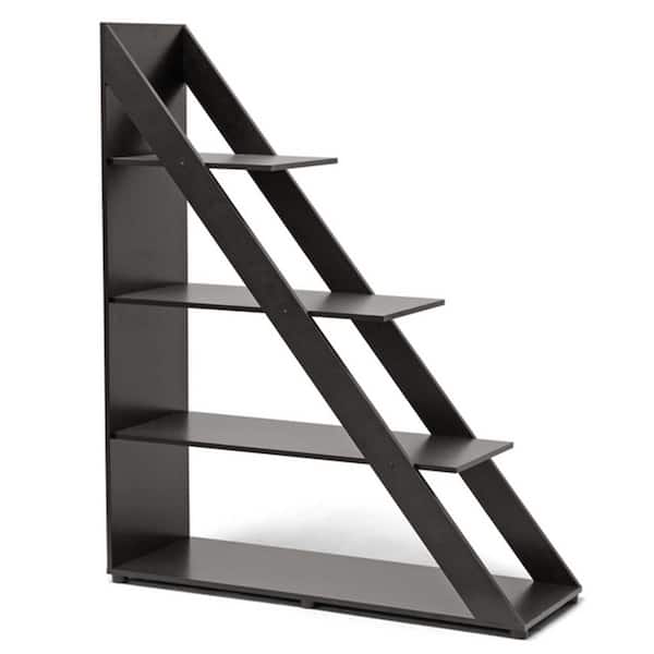 Baxton Studio 59 in. Dark Brown Wood 4-shelf Ladder Bookcase with Open Back