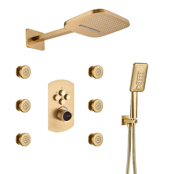 CASAINC 4-Spray 22 in. Wall Mount Dual Shower Heads and Handheld Shower Head with 1.8 GPM 6-Body Spray in Brushed Gold