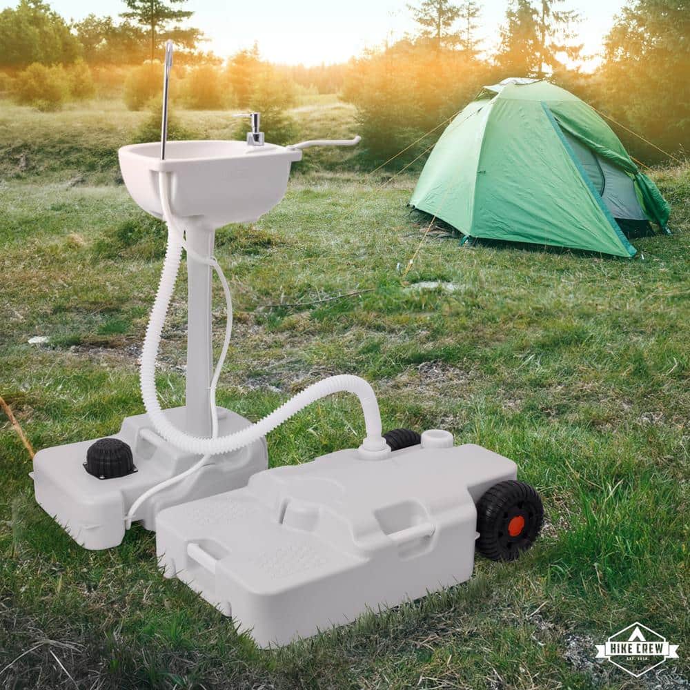 White Portable Camping Sink with Waste Tank and Foot Pump