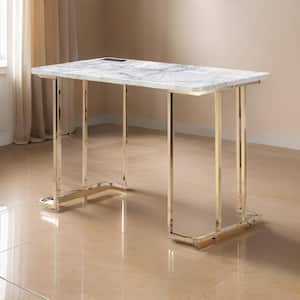 Jenny 23.62 in. Rectangular White Faux Marble Desk with USB Power Outlet and Gold Metal Legs