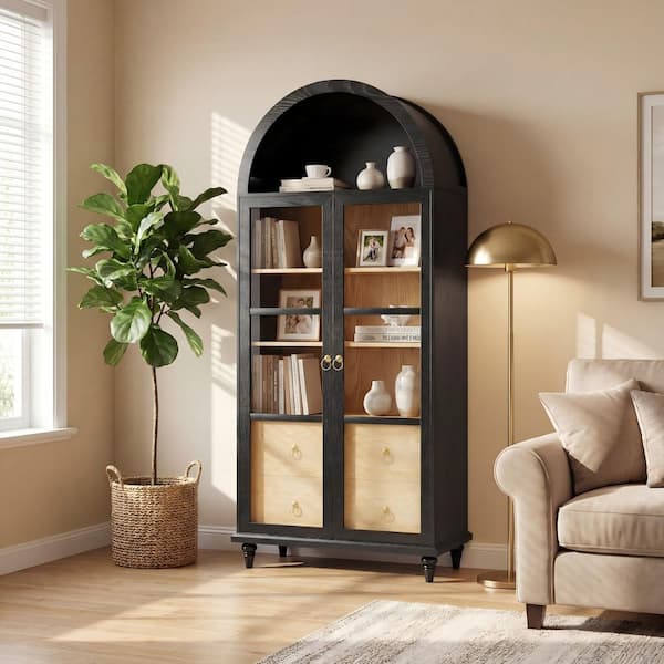 70 in. Tall Black Wood Bookcase with 3 Shelves and 2 Drawers, Arched Bookcase for Living Room, Bedroom