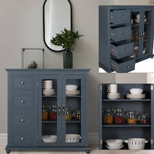 Dark Grey Kitchen Cabinet Storage Sideboard with Glass Door and 4-Drawers