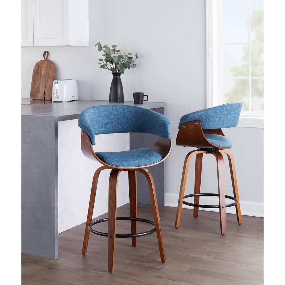 Set of 2 Blue Walnut Swivel Counter Stools with Black Metal Footrest