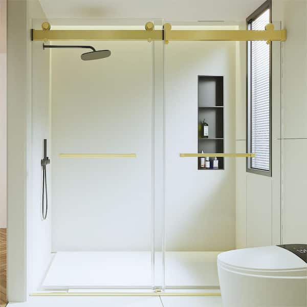 WELLFOR 72 in. W x 76 in. H Soft-Closing Double Sliding Frameless Shower Door with 3/8 in. Clear Glass in Brushed Gold