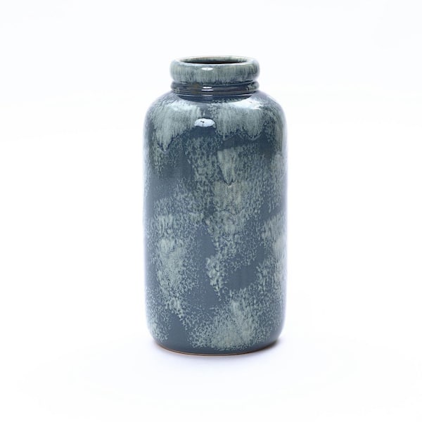 13.86 in H Terracotta Blue Mottled Vase, Ceramic Round Jar for Dried Flowers & Home Decor